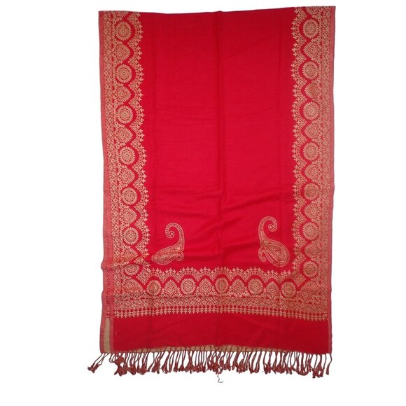 Nittin Handloomed Shawl Red Fringe Numbered wool fringe‎ elegant Pashmina - Picture 1 of 5